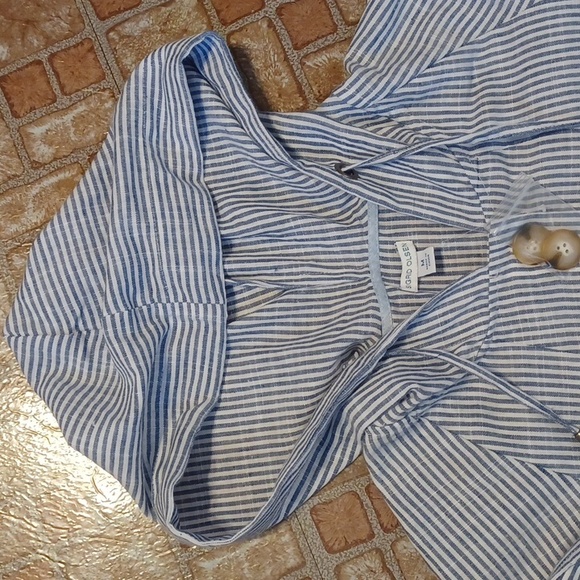 SIGRID Olsen linen blend top women's size medium blue and white striped - Picture 5 of 7